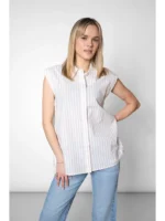 Camicetta Brezza Cotone Bio - Bianca con riga Azzurro Salmone - immagine 4