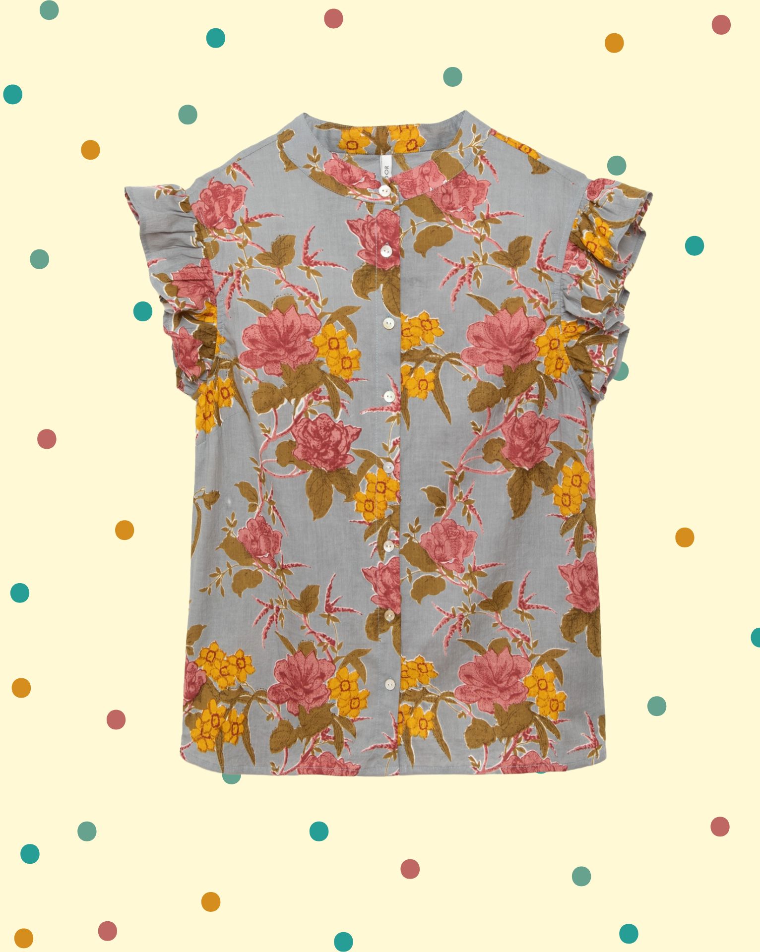 Camicetta Poncha con Volant – Fiori Rosa e Senape